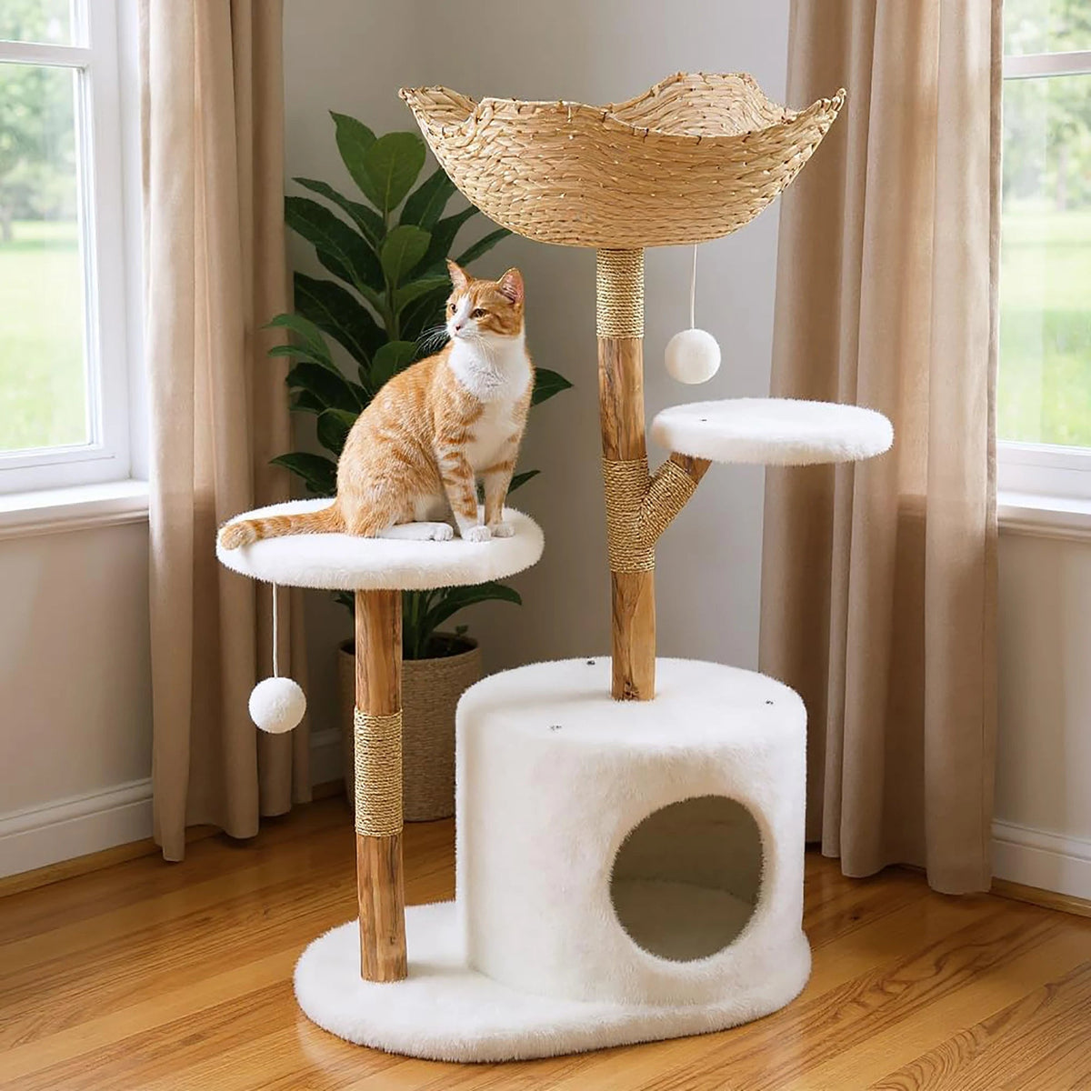Catvera Natural Wood Multi-Level Cat Tree - Image 3|||PROMPT|||Original clean product image