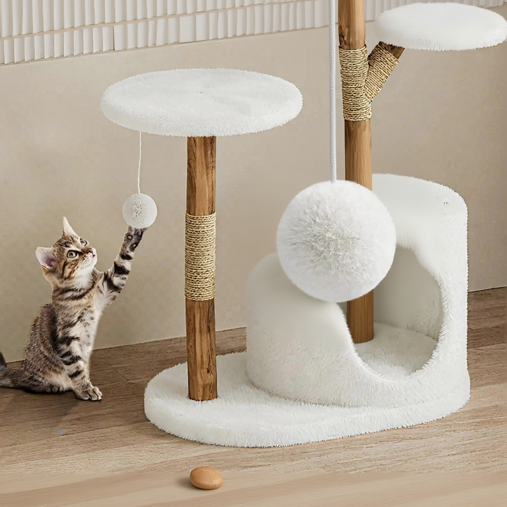 Catvera Natural Wood Multi-Level Cat Tree - Image 5|||PROMPT|||Cleaned image. Original analysis: Found product title text and descriptive overlay that should be removed to show clean product