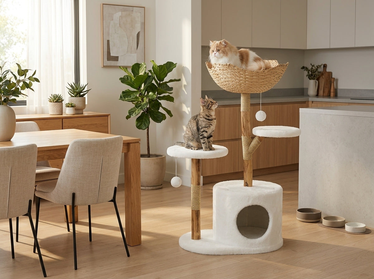 Catvera Natural Wood Multi-Level Cat Tree - Designed to Enhance Your Home's Style