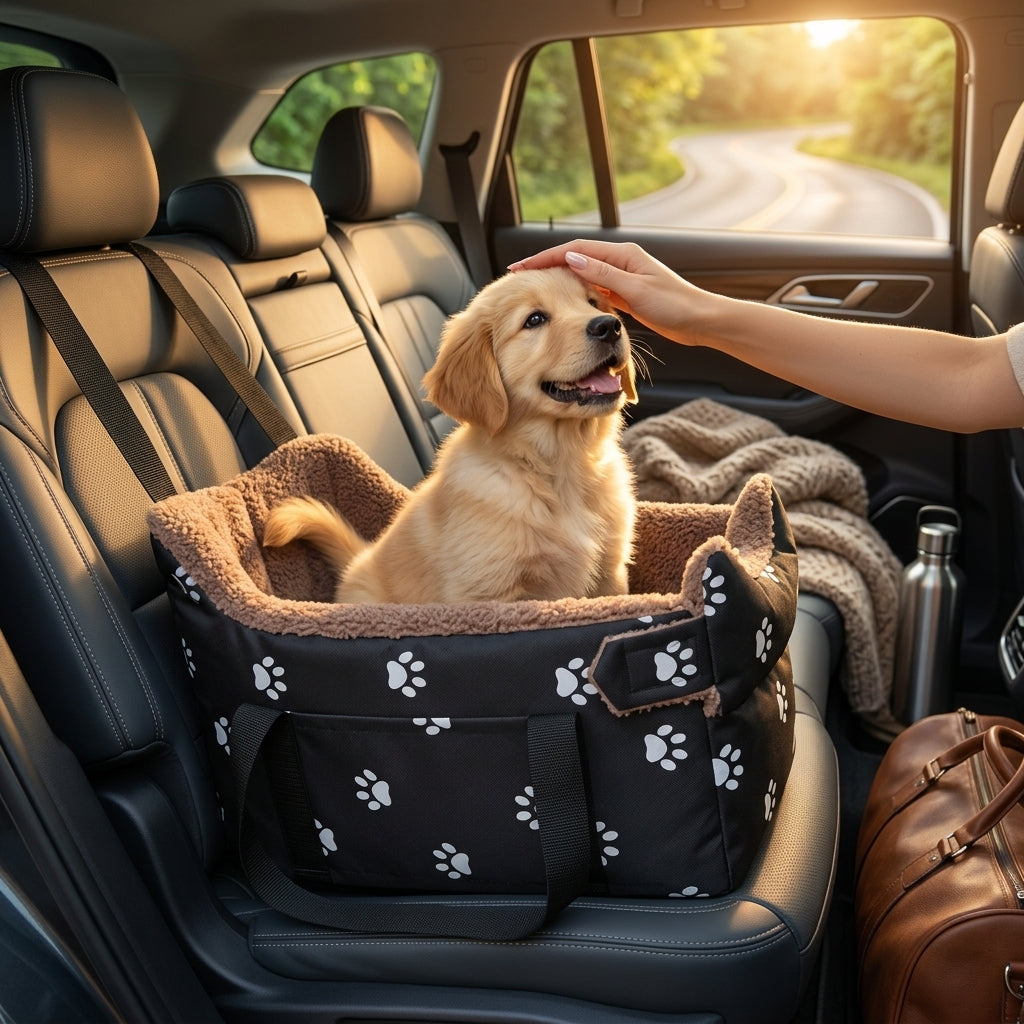 Catvera Oxford Travel Pet Bed - Main Product Image|||PROMPT|||Lifestyle shot of a happy golden retriever puppy sitting comfortably in the Catvera Oxford Travel Pet Bed inside a modern SUV during golden hour, with warm sunlight streaming through the window, owner's hand gently petting the dog, cozy blankets and travel accessories visible in the background, shallow depth of field creating a dreamy bokeh effect