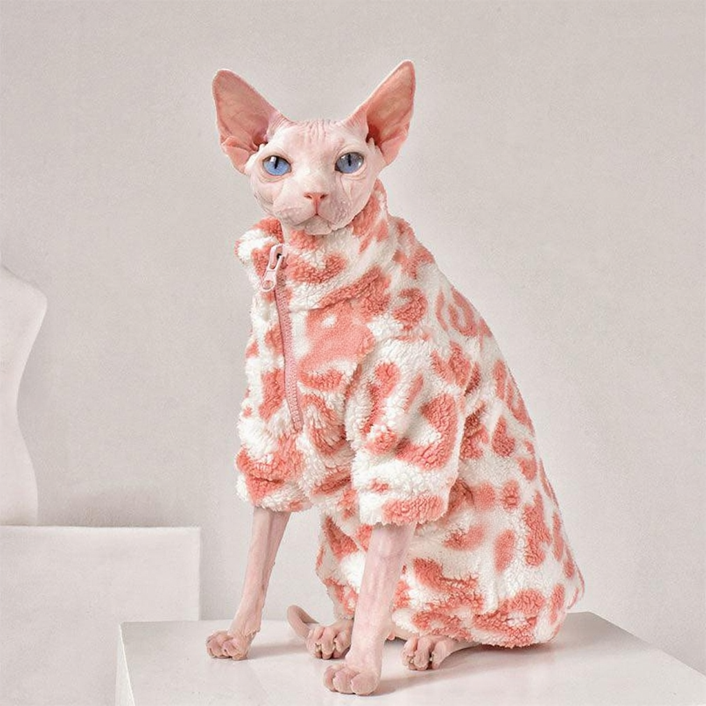 Catvera Pink Leopard Sphynx Sweatshirt - Image 2|||PROMPT|||Cleaned image. Original analysis: found 1 brand logo on the product - a blue 'MF' logo patch on the cat's sweater/garment
