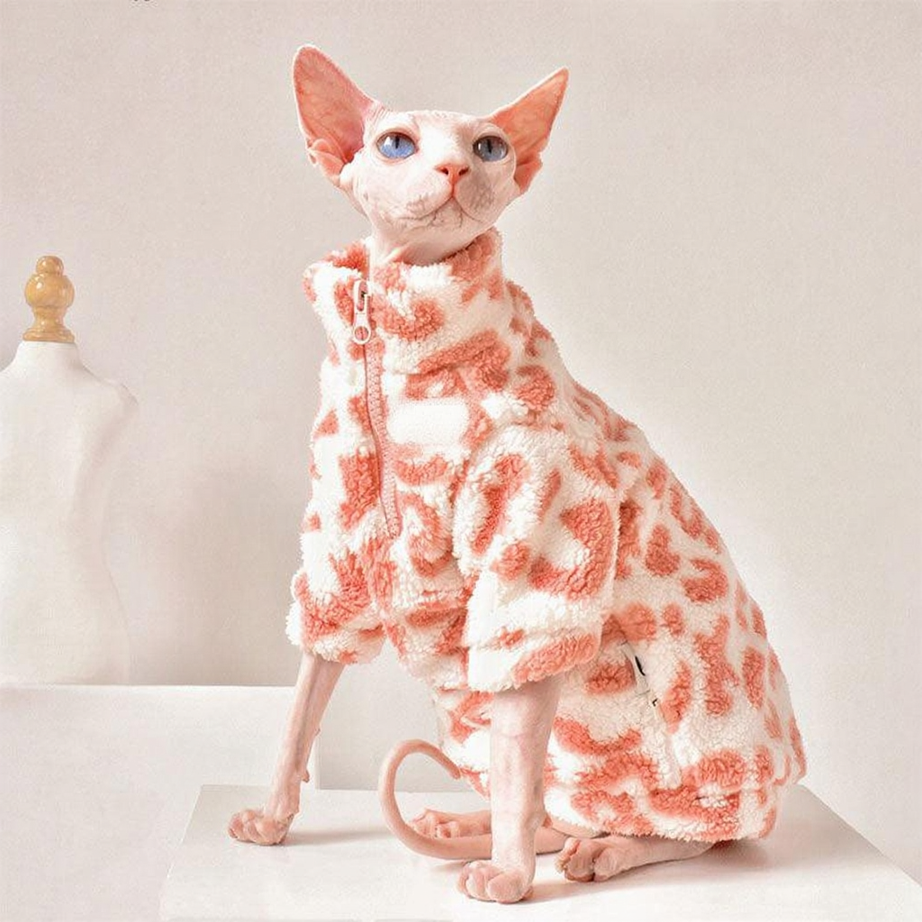 Catvera Pink Leopard Sphynx Sweatshirt - Image 5|||PROMPT|||Cleaned image. Original analysis: Found 1 brand logo on the product itself - a blue and white logo patch on the cat's clothing/jacket