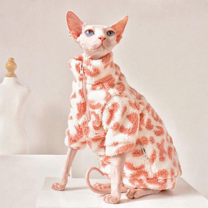 Catvera Pink Leopard Sphynx Sweatshirt - Image 5|||PROMPT|||Cleaned image. Original analysis: Found 1 brand logo on the product itself - a blue and white logo patch on the cat's clothing/jacket