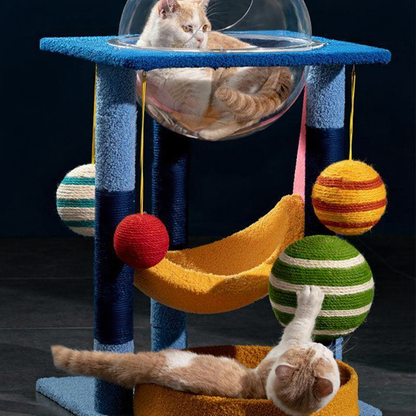 Catvera Planet Theme Cat Tree Tower - Image 6|||PROMPT|||Cleaned image. Original analysis: Found 1 watermark in the top left corner of the image showing geometric line drawings (planet/orbit symbols)