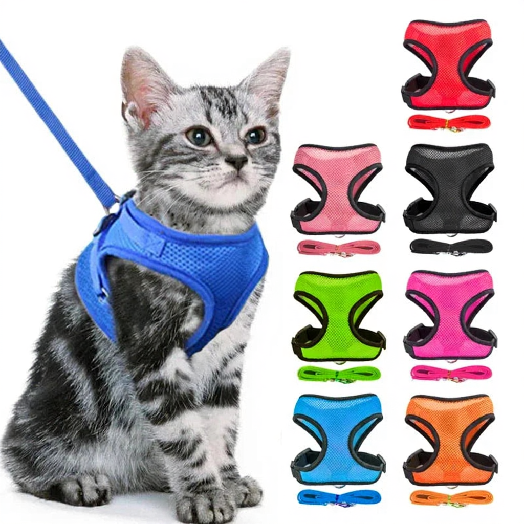 Catvera Reflective Mesh Pet Harness - Image 1|||PROMPT|||Cleaned image. Original analysis: Found 1 brand logo/emblem repeated on all harnesses and leashes - a small white circular badge/crest with a paw print or similar symbol appears on the front of each harness model