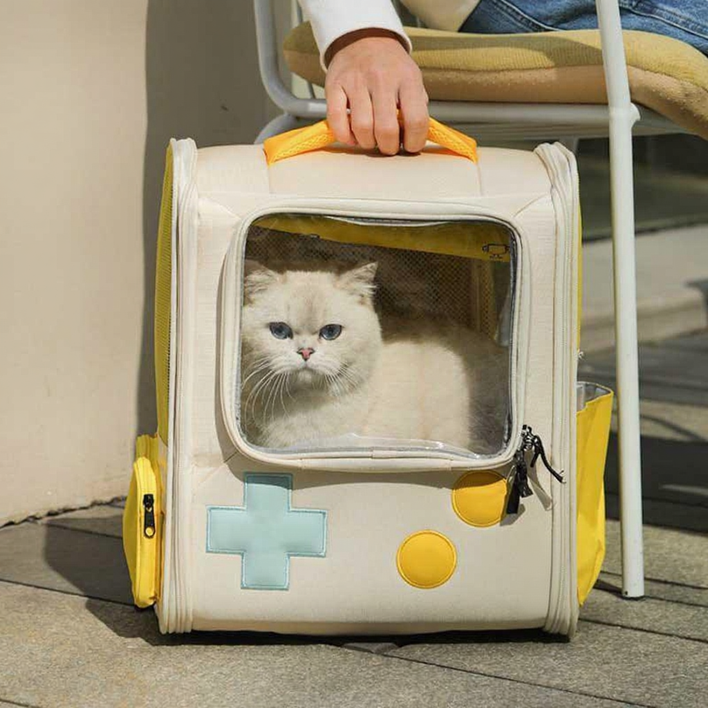 Catvera Retro Gaming Cat Carrier Backpack - Image 1|||PROMPT|||Cleaned image. Original analysis: Found 1 brand name/logo printed on the pet carrier itself