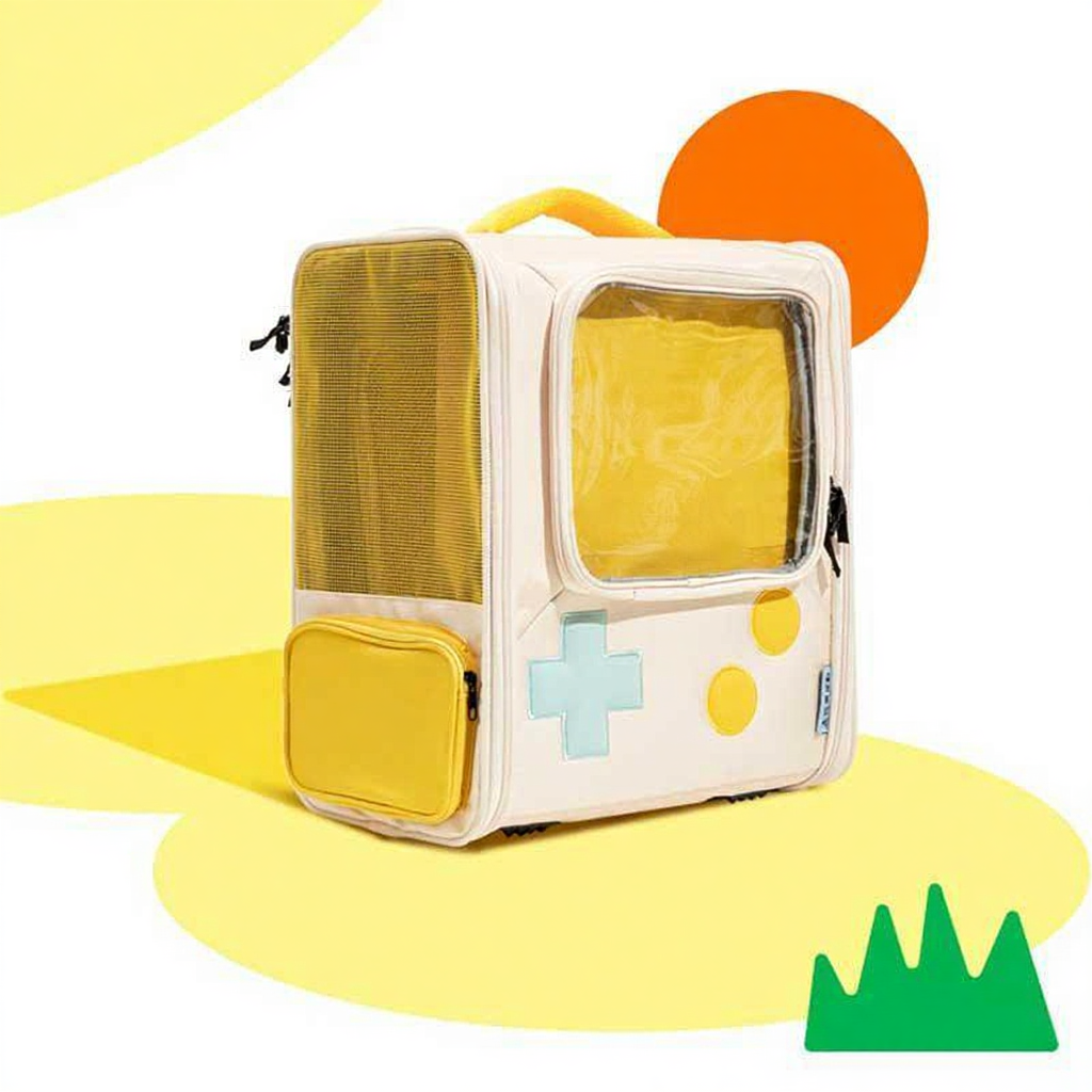 Catvera Retro Gaming Cat Carrier Backpack - Image 6|||PROMPT|||Cleaned image. Original analysis: Found 1 brand name printed on the product itself - 'GAME PET' text displayed on the screen/face of the handheld gaming device