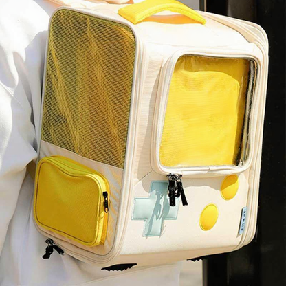 Catvera Retro Gaming Cat Carrier Backpack - Image 7|||PROMPT|||Cleaned image. Original analysis: Found 1 brand name printed directly on the product: 'AME PET' text visible on the yellow screen/display area of the gaming device-shaped bag