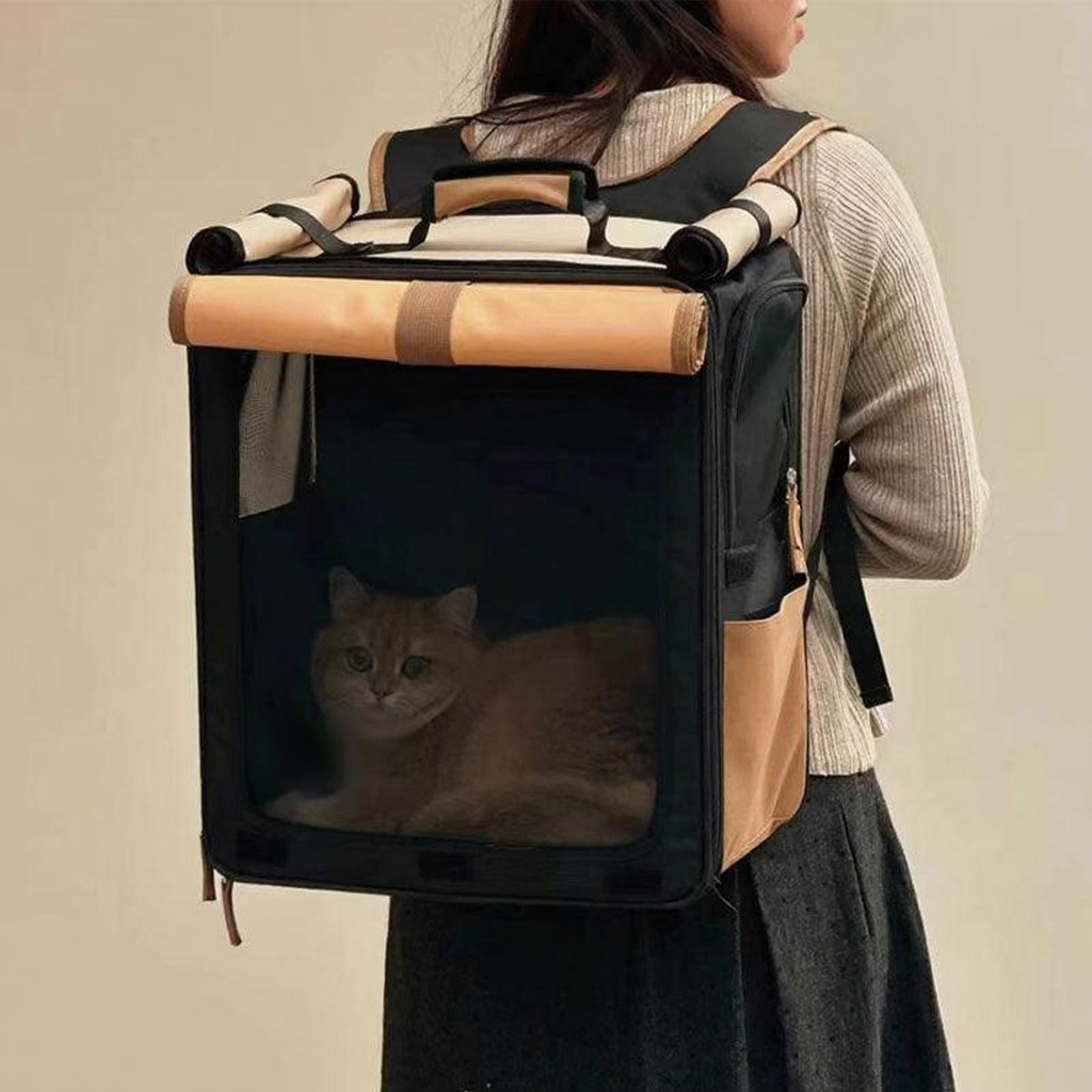 Catvera Roll-Up Foldable Cat Carrier - Image 3|||PROMPT|||Cleaned image. Original analysis: Found 2 brand names: 'MEWCATS' as a text watermark in the top left corner, and 'Smile time' printed on the pet carrier window