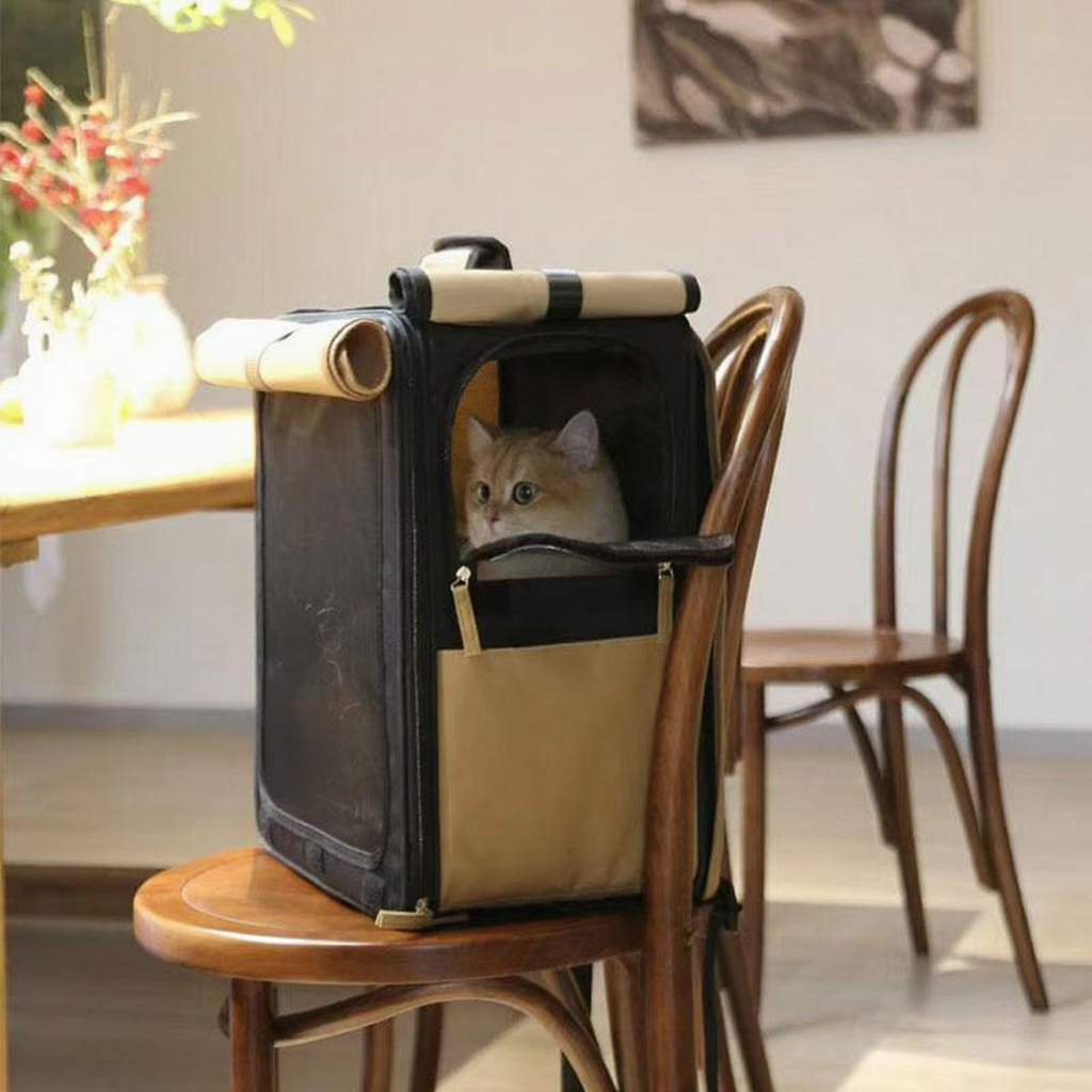 Catvera Roll-Up Foldable Cat Carrier - Image 4|||PROMPT|||Cleaned image. Original analysis: Found 1 brand name printed on the product - 'Smile time' text visible on the black backpack/carrier fabric