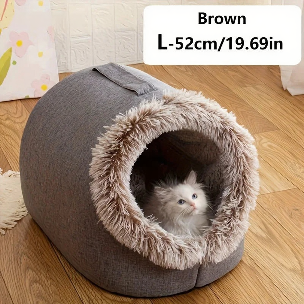 Catvera Self-Warming Cat Cave Bed - Image 10|||PROMPT|||Cleaned image. Original analysis: Found 1 watermark and 1 brand name: 'KEMORELA' registered trademark symbol in top left corner, and 'Brown' product color label in top right with dimensions