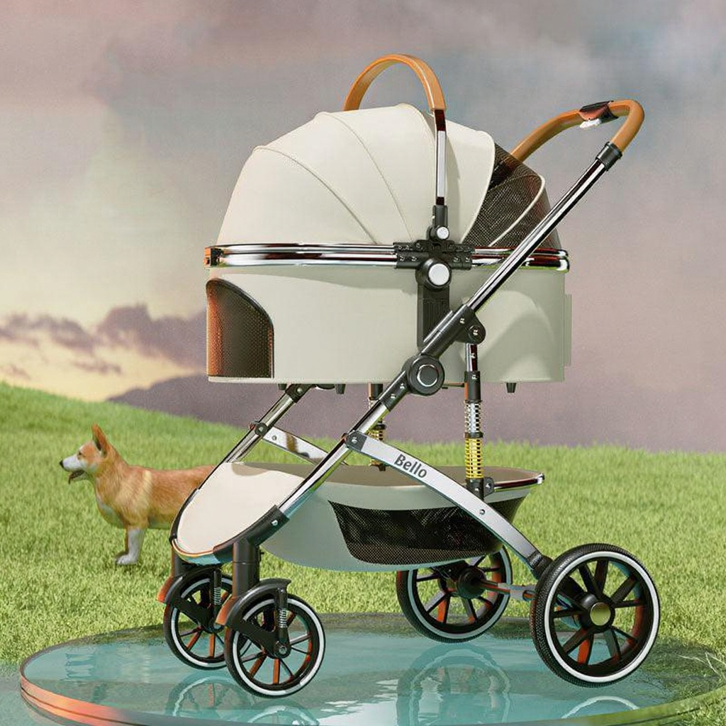 Catvera Shock-Absorbing Cat Stroller Carrier - Image 8|||PROMPT|||Cleaned image. Original analysis: found brand name 'Bello' printed on the stroller frame in multiple locations