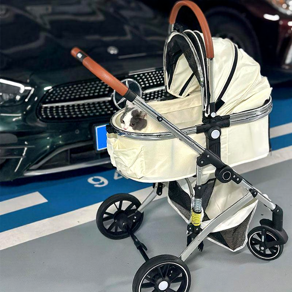 Catvera Shock-Absorbing Cat Stroller Carrier - Image 9|||PROMPT|||Cleaned image. Original analysis: found brand name 'Belle' printed on the stroller fabric and frame in multiple locations
