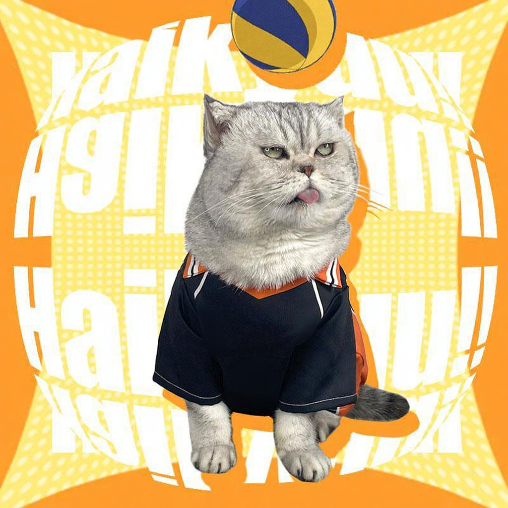Catvera Shoyo Hinata Volleyball Cosplay Costume - Image 14|||PROMPT|||Cleaned image. Original analysis: Found multiple brand names and logos: Japanese text 'ハイキュー!!' (Haikyu!!) at top left, large white text overlay 'KARASUNO' on left side, white text 'SHIRATORIZAWA' on right side, volleyball jersey with number '9' and team logos/crests on the cat's chest, and a volleyball at top center. These are all branded elements from the Haikyu anime series merchandise.