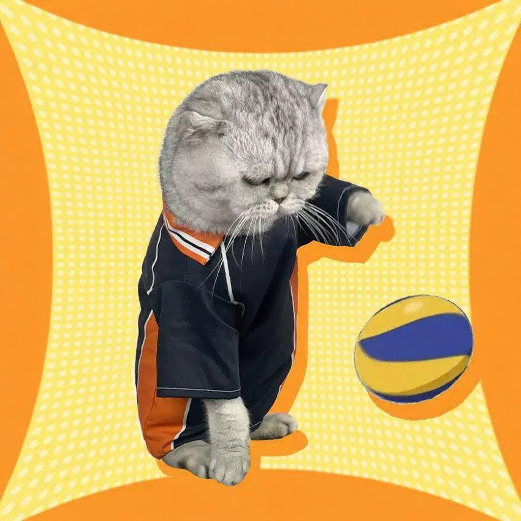 Catvera Shoyo Hinata Volleyball Cosplay Costume - Image 15|||PROMPT|||Cleaned image. Original analysis: Found Japanese text watermark at top, white text overlays with brand messaging, and a paw print logo on the cat's sports jersey