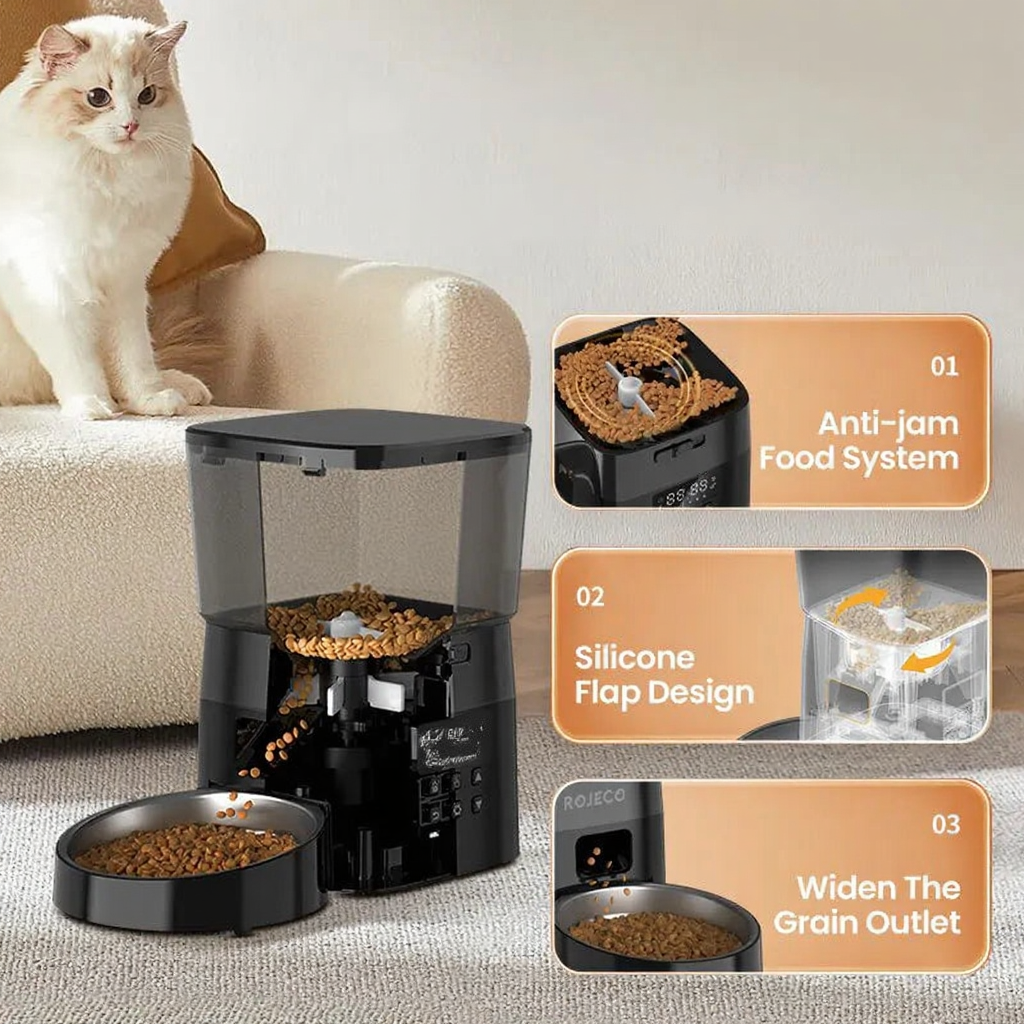 Catvera Smart Automatic Cat Feeder - Image 3|||PROMPT|||Cleaned image. Original analysis: Found 1 brand name watermark on the product - 'POJECO' visible on the black feeder device in the bottom right detail image (03)