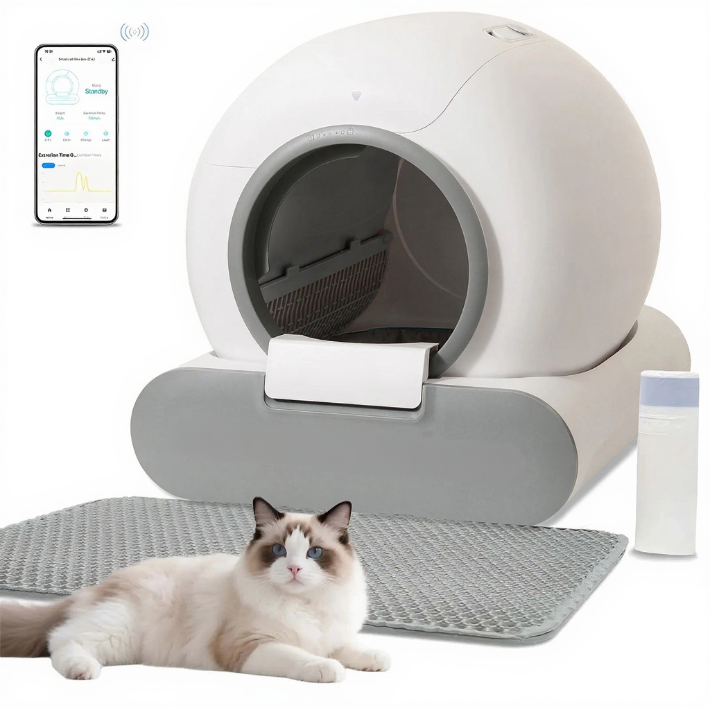 Catvera Smart Self-Cleaning Litter Box - Image 1|||PROMPT|||Cleaned image. Original analysis: Found 2 brand names/logos: 'DOEL' logo on the waste drawer/cartridge at the front of the litter box, and 'DOEL' branding visible on the product itself