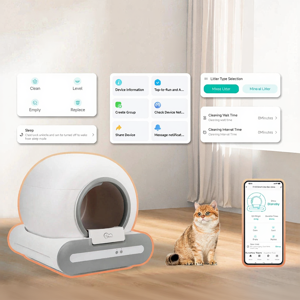 Catvera Smart Self-Cleaning Litter Box - Image 4|||PROMPT|||Cleaned image. Original analysis: Found brand logo on the physical product (litter box device) and watermark text on the app interface