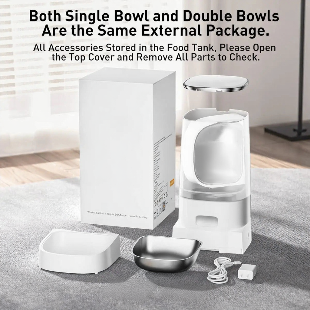 Catvera Smart WiFi Automatic Pet Feeder - Image 6|||PROMPT|||Cleaned image. Original analysis: Found 'Automatic Pet Feeder' brand text on the product packaging box and product itself, along with product feature text that should be preserved