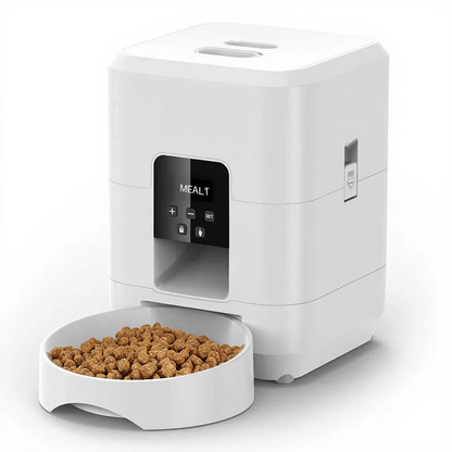 Catvera Smart WiFi Automatic Pet Feeder - Image 7|||PROMPT|||Cleaned image. Original analysis: Found 1 brand name visible on the product - 'MEAL:t' text displayed on the digital control panel screen of the automatic pet feeder