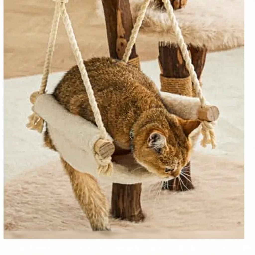 Catvera Solid Wood Cat Tree Tower - Image 5|||PROMPT|||Cleaned image. Original analysis: Found product name and tagline text overlays at the bottom of the image