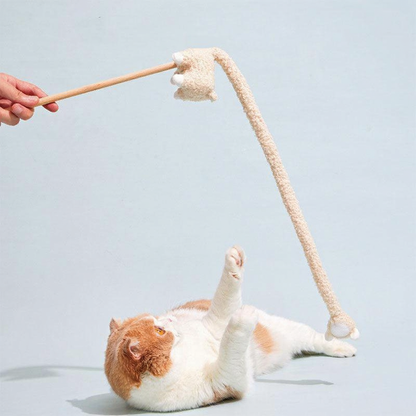 Catvera Sound Teaser Stick Toys - Image 18|||PROMPT|||Cleaned image. Original analysis: Found 1 brand name printed on the toy product itself - 'MSOO' visible on the fabric tag/label attached to the mouse toy at the top of the string