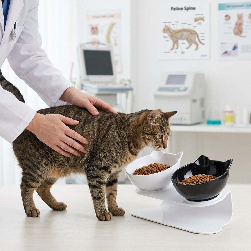 Catvera Tilted Anti-Vomiting Cat Bowl - Veterinarian-Approved Health Benefits|||PROMPT|||Close-up lifestyle image of a veterinarian's hands gently examining a healthy tabby cat next to the tilted feeding bowl in a bright, clean veterinary clinic, showcasing the orthopedic benefits with medical charts visible in the soft-focus background
