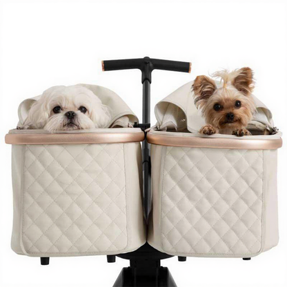 Catvera Twin Double Pet Stroller - Image 10|||PROMPT|||Cleaned image. Original analysis: Found brand name/logo on the pet carrier bags - there appear to be small branded tags/labels on the carriers themselves
