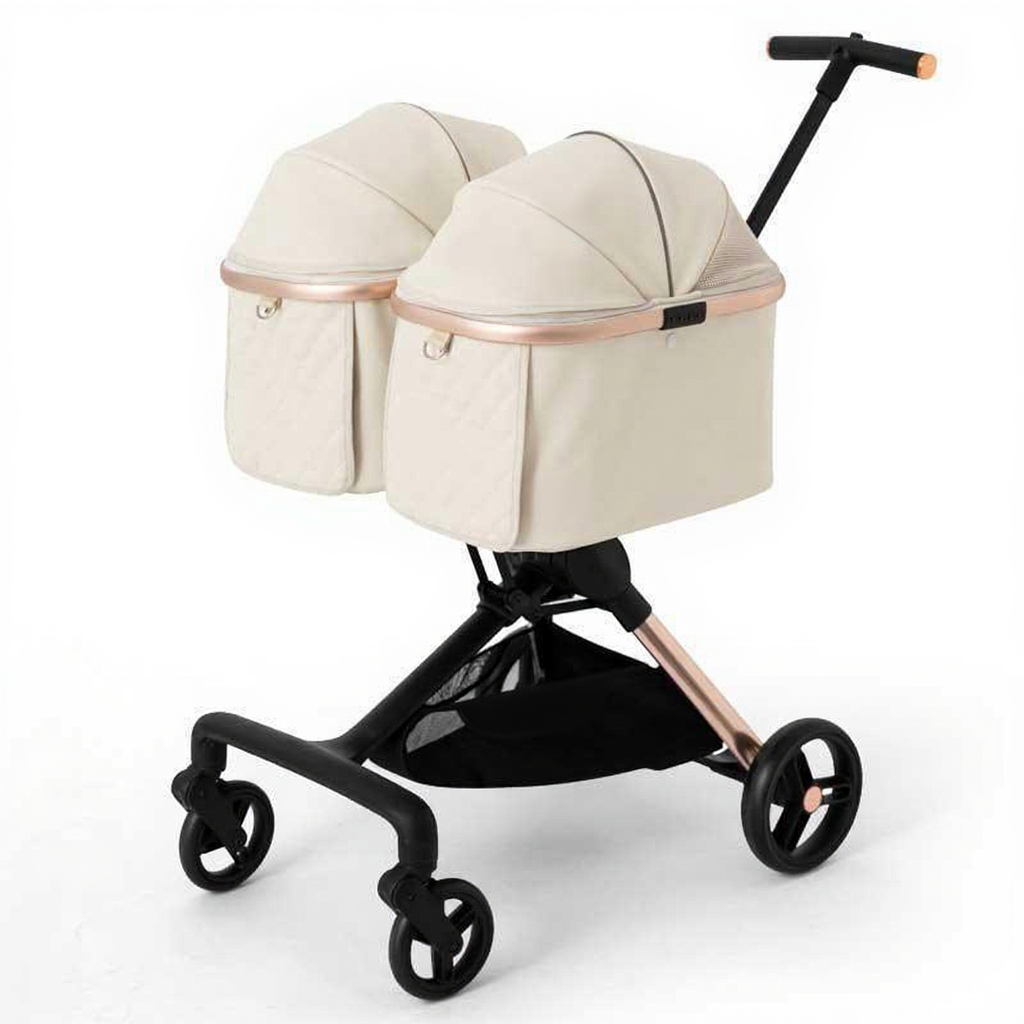 Catvera Twin Double Pet Stroller - Image 19|||PROMPT|||Cleaned image. Original analysis: Found 2 brand names: 'Foodandbaby' printed on the fabric of both bassinets, and 'foodandbaby' text visible on the frame/base of the stroller