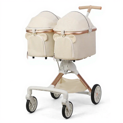 Catvera Twin Double Pet Stroller - Image 2|||PROMPT|||Cleaned image. Original analysis: Found 1 brand name visible on the product - 'Bebeconfort' text visible on the bassinet/carrycot fabric on the right side of the stroller