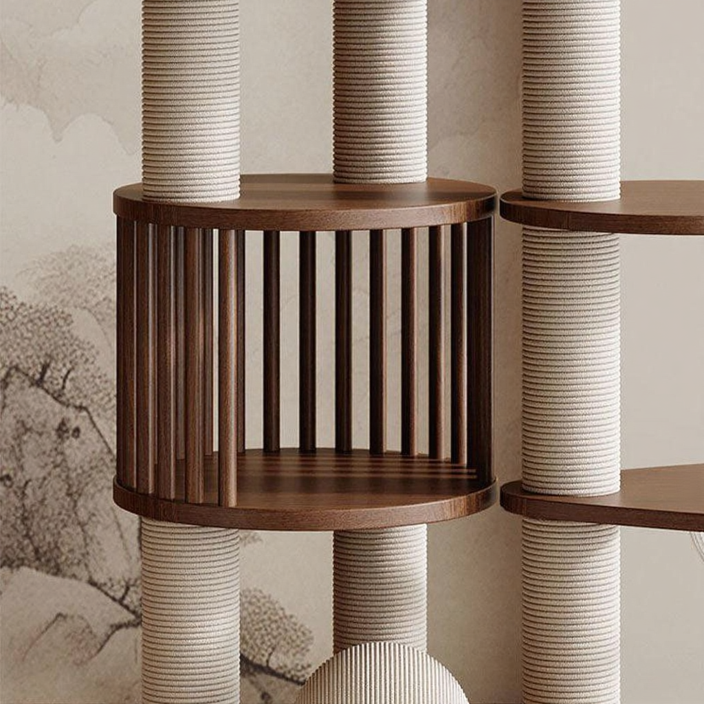Catvera Wooden Cat Climbing Tree - Image 6|||PROMPT|||Cleaned image. Original analysis: Found 1 brand watermark/logo on the product - a small circular brand mark visible on the right side of the image on one of the wooden platforms