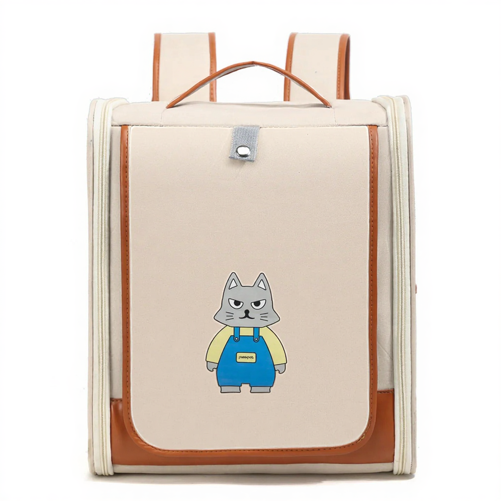 Expandable Breathable Pet Travel Backpack Carrier - Image 7|||PROMPT|||Cleaned image. Original analysis: found 1 brand name/logo on the product - a small rectangular patch/label on the cat character's blue overall