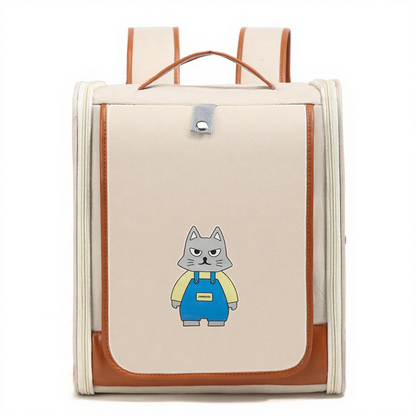 Expandable Breathable Pet Travel Backpack Carrier - Image 7|||PROMPT|||Cleaned image. Original analysis: found 1 brand name/logo on the product - a small rectangular patch/label on the cat character's blue overall