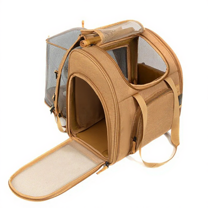 Expandable Pet Travel Backpack Carrier - Image 6|||PROMPT|||Cleaned image. Original analysis: Found 1 brand logo/emblem on the pet backpack carrier fabric on the left side of the bag