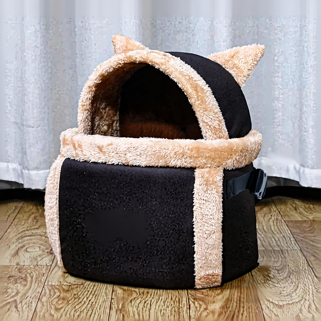 Front-Facing Hands-Free Pet Chest Carrier - Image 5|||PROMPT|||Cleaned image. Original analysis: Found 1 brand logo printed on the product itself - 'Pet Fang Fang' logo visible on the black fabric of the cat bed/carrier