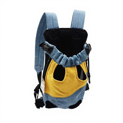 Hands-Free Canvas Pet Backpack Carrier - Image 7|||PROMPT|||Cleaned image. Original analysis: Found 1 brand name label on the product - a brown/tan rectangular label visible on the yellow front panel of the pet carrier backpack
