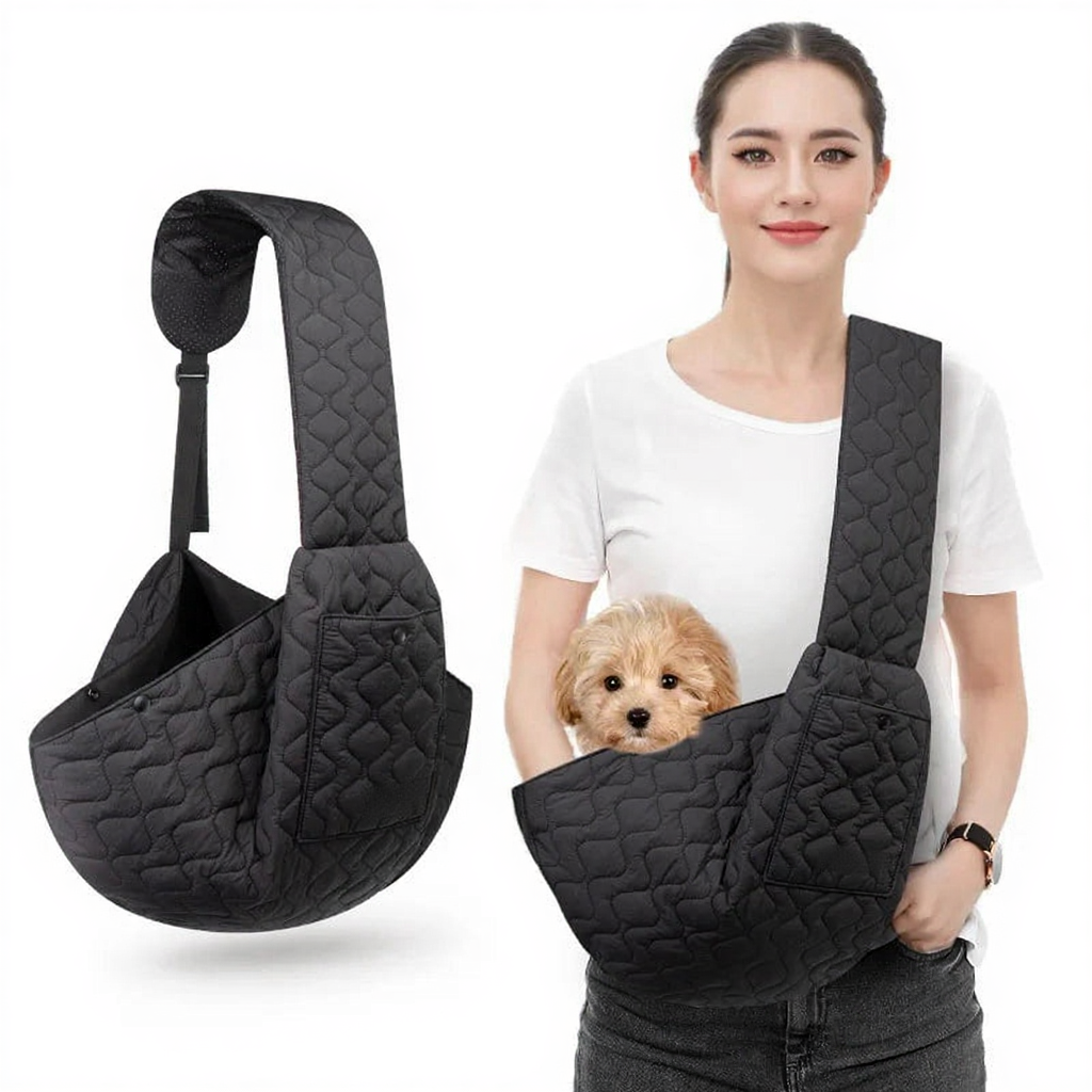 Hands-Free Dog Carrier Chest Sling - Image 2|||PROMPT|||Cleaned image. Original analysis: Found brand name labels/patches on the pet carrier product itself