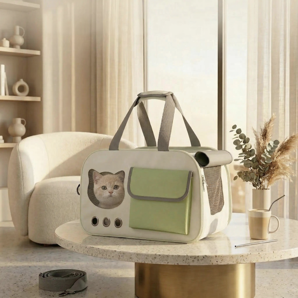 Soft Sided Cat Travel Carrier - Image 2|||PROMPT|||Cleaned image. Original analysis: Found text overlay 'Aesthetic & Breathable' at the top of the image