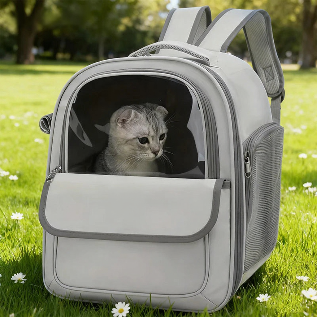 Space Capsule Transparent Pet Travel Backpack - Image 1|||PROMPT|||Cleaned image. Original analysis: Found 2 brand names: 'KEMORELA' watermark at top left and 'moorpet' logo on the backpack flap