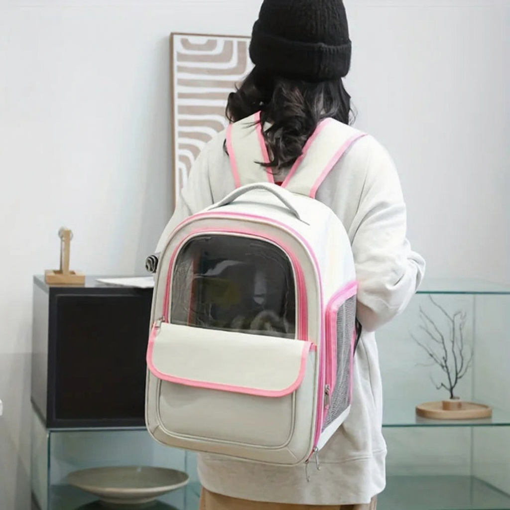 Space Capsule Transparent Pet Travel Backpack - Image 5|||PROMPT|||Cleaned image. Original analysis: Found 1 watermark (KEMORELA brand name) in top left corner and 1 small brand label on the backpack flap